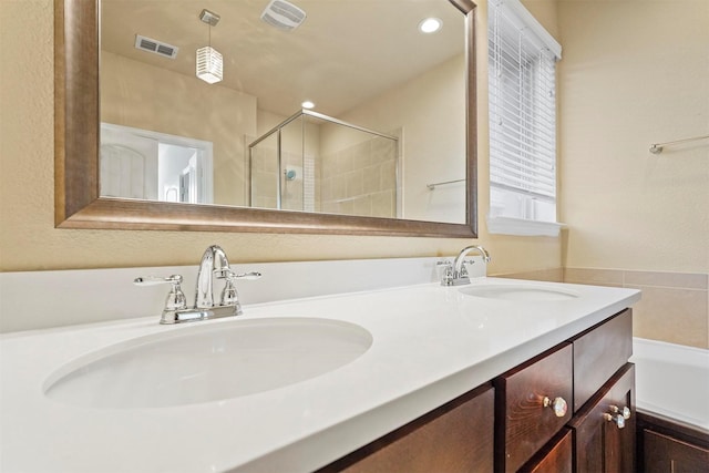 bathroom with visible vents, a sink, a shower stall, and double vanity