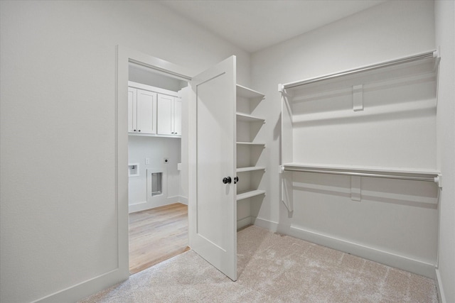 walk in closet with light colored carpet