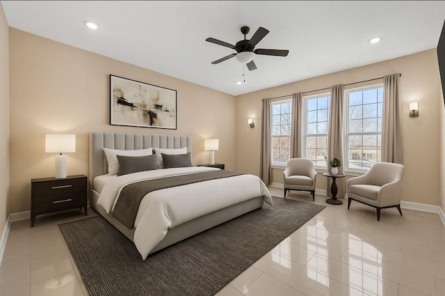 bedroom featuring light tile patterned flooring, baseboards, and recessed lighting
