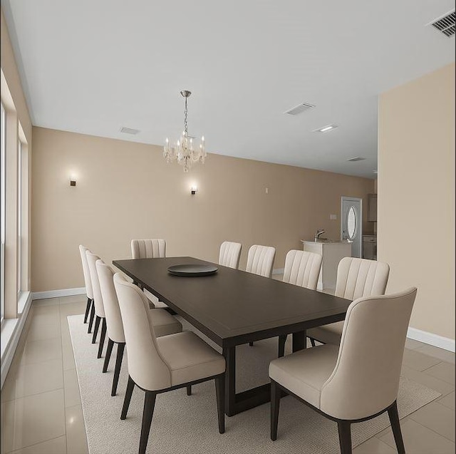 dining area with light tile patterned flooring, visible vents, a notable chandelier, and baseboards