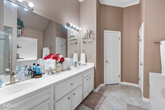 bathroom with tile patterned floors, vanity, and separate shower and tub