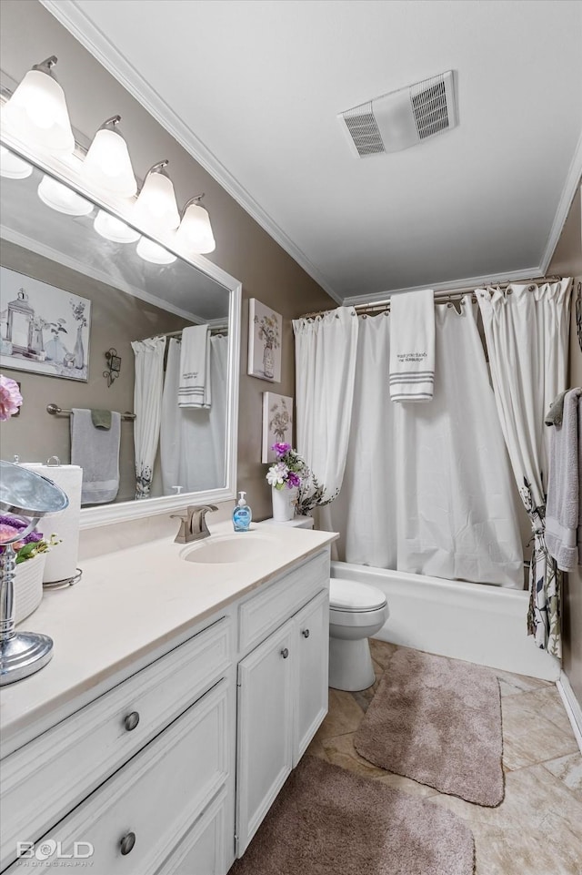 full bathroom with tile patterned floors, toilet, crown molding, vanity, and shower / bath combo with shower curtain