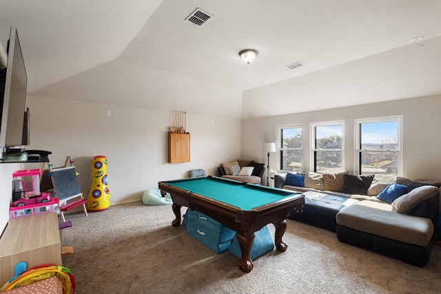 game room featuring lofted ceiling, billiards, and carpet flooring