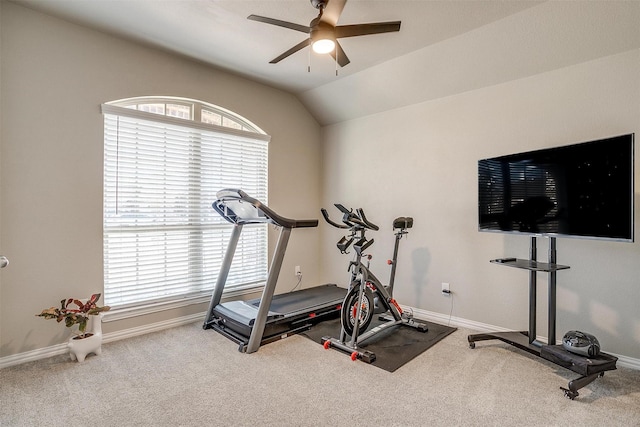 exercise area with ceiling fan, lofted ceiling, and carpet floors