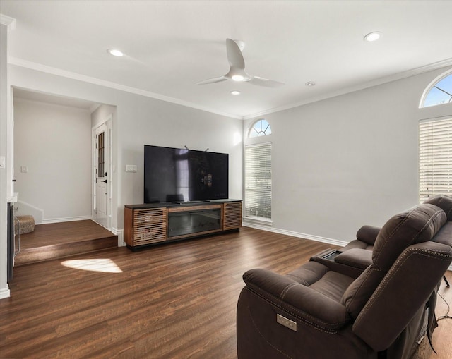 living room featuring ornamental molding, a healthy amount of sunlight, and dark hardwood / wood-style flooring