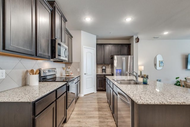 kitchen featuring appliances with stainless steel finishes, tasteful backsplash, sink, light hardwood / wood-style floors, and a center island with sink