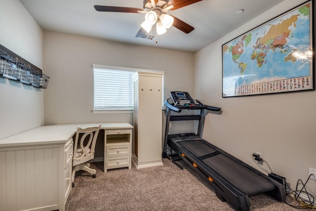 carpeted home office featuring ceiling fan