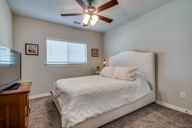 bedroom with ceiling fan and carpet flooring