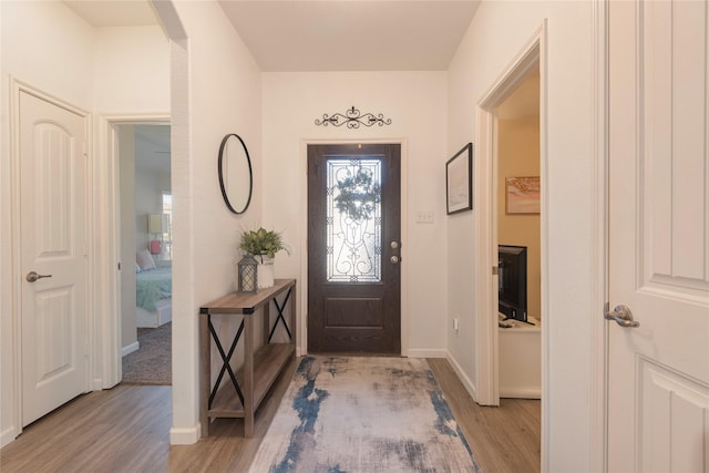 entrance foyer with baseboards and light wood-type flooring