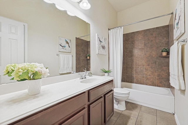 full bathroom with tile patterned flooring, vanity, toilet, and shower / bath combo with shower curtain