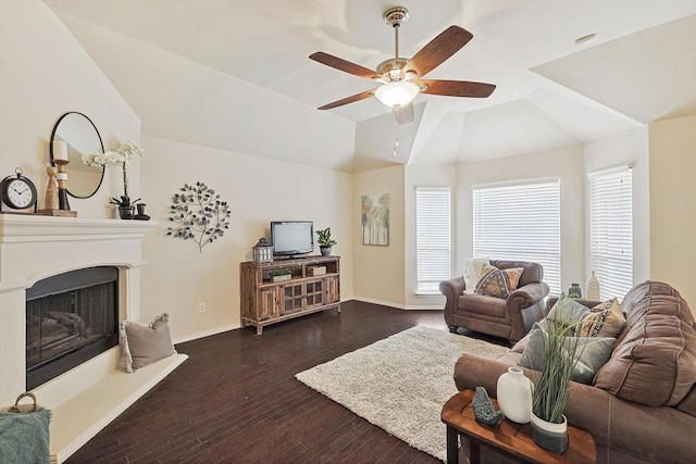 living room with vaulted ceiling, dark hardwood / wood-style floors, and ceiling fan