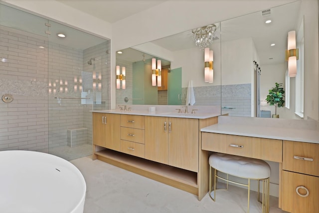 bathroom with vanity, shower with separate bathtub, and tile walls