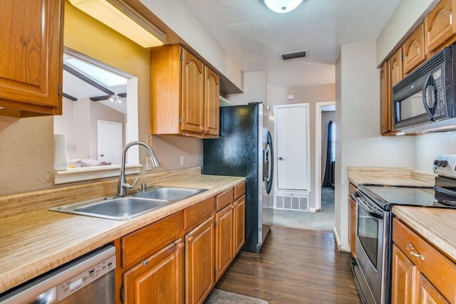 kitchen with appliances with stainless steel finishes, sink, lofted ceiling, and dark hardwood / wood-style floors