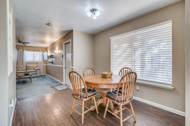 dining room featuring ceiling fan and dark hardwood / wood-style flooring