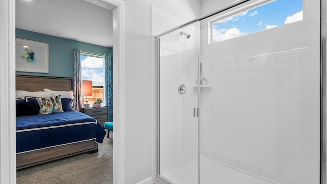 bathroom with a shower with shower door