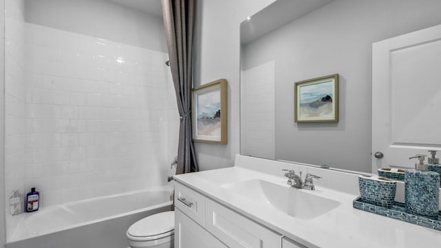 full bathroom with toilet, vanity, and shower / bathtub combination with curtain