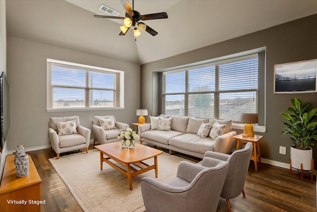 living room with vaulted ceiling, ceiling fan, and dark hardwood / wood-style flooring