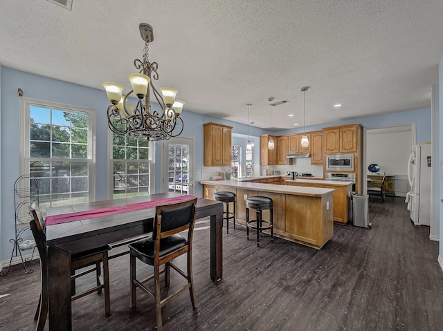 dining room featuring dark wood-type flooring, a textured ceiling, and a wealth of natural light