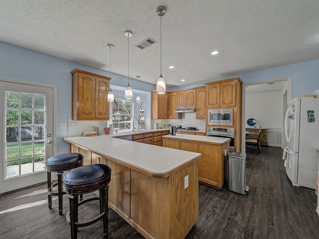 kitchen featuring stainless steel appliances, hanging light fixtures, a center island, and dark hardwood / wood-style floors