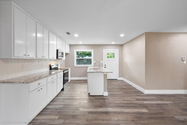 kitchen with sink, an island with sink, stainless steel appliances, light stone countertops, and white cabinets