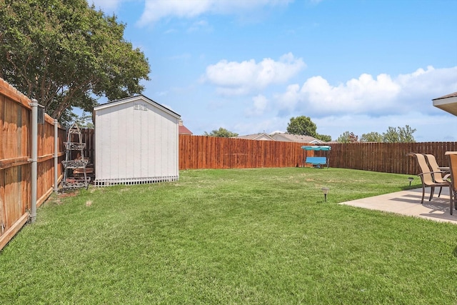 view of yard with a storage unit and a patio area