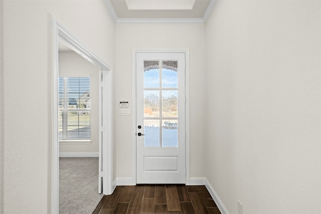 doorway to outside with crown molding