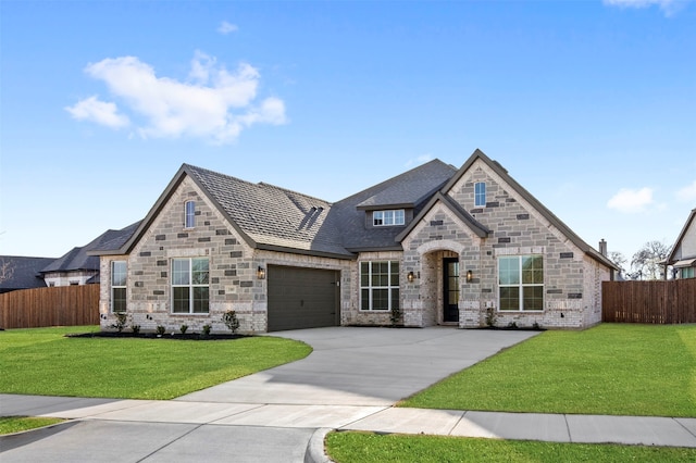 view of front of property with a garage and a front lawn