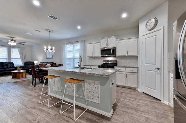 kitchen featuring appliances with stainless steel finishes, sink, a center island with sink, and white cabinets