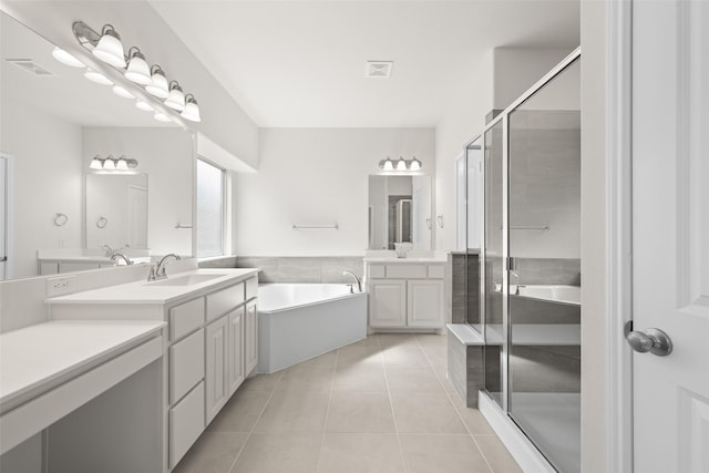 371 Freestall Dr, Midlothian, TX 76065 - full bathroom with tile patterned floors, a stall shower, a garden tub, and two vanities