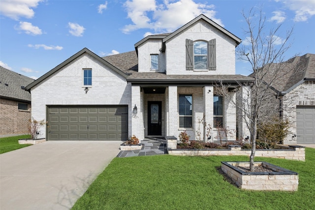 view of front of house with a garage and a front lawn