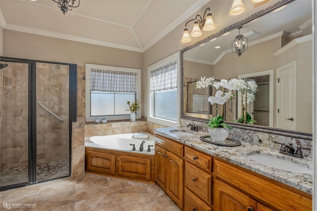 bathroom with ornamental molding, lofted ceiling, separate shower and tub, and vanity