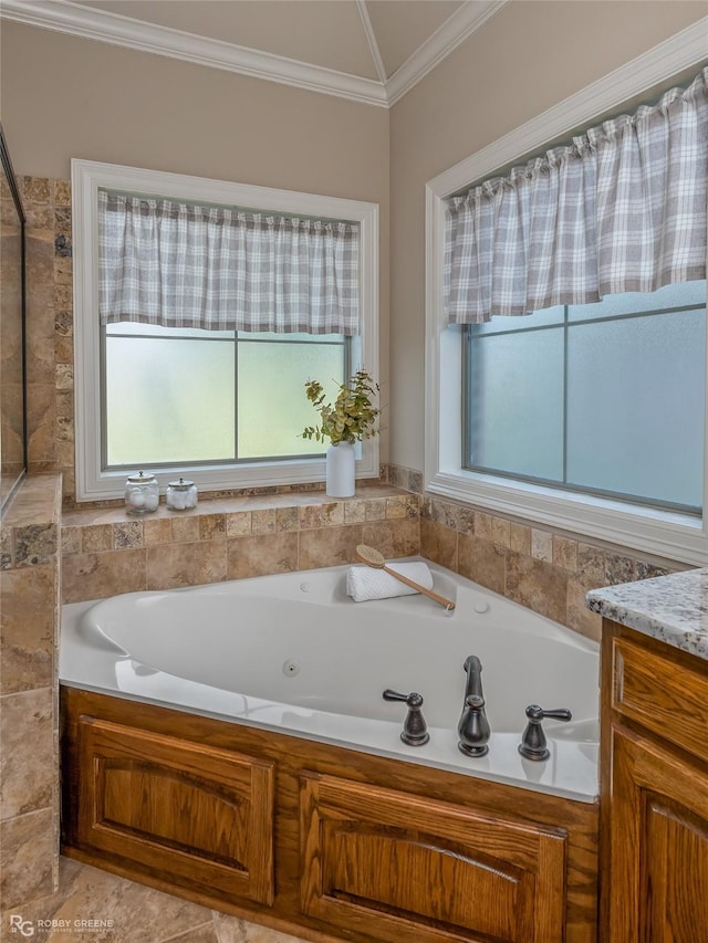 bathroom featuring ornamental molding, a washtub, and vanity