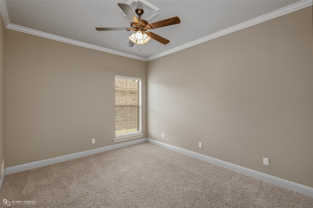 empty room with ceiling fan, ornamental molding, and carpet flooring