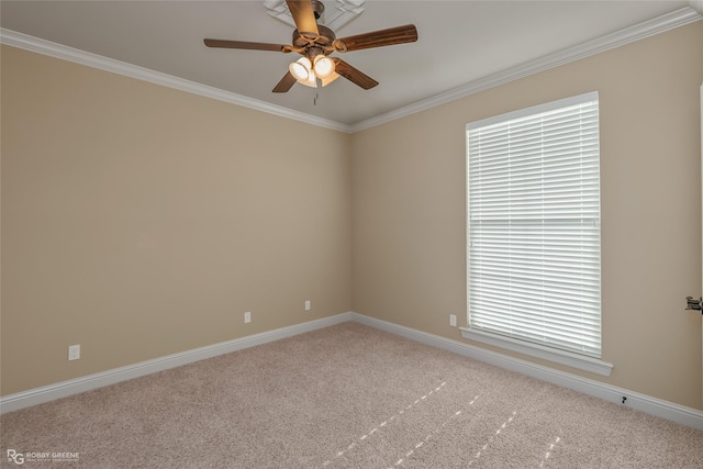 unfurnished room with ornamental molding, carpet flooring, and ceiling fan