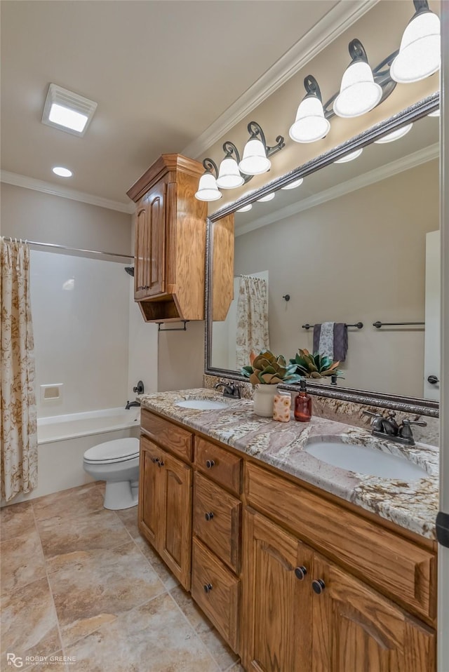 full bathroom featuring shower / bath combo with shower curtain, ornamental molding, toilet, and vanity