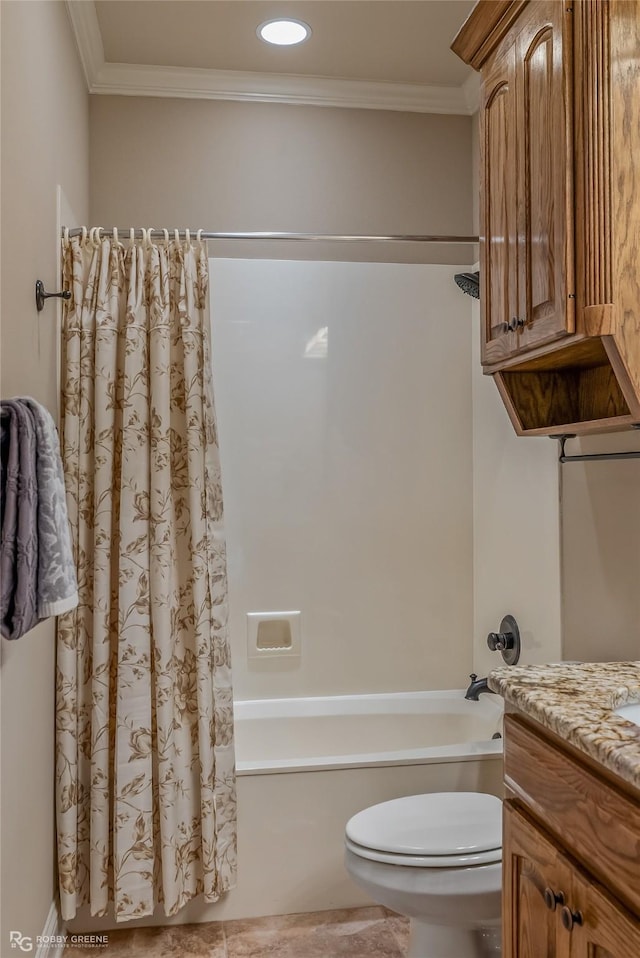 full bathroom with vanity, crown molding, shower / bath combination with curtain, and toilet