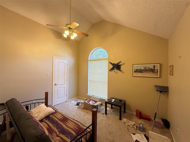 carpeted bedroom with a textured ceiling, high vaulted ceiling, a ceiling fan, and baseboards