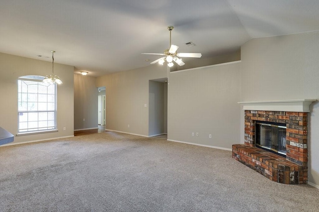 1013 Caleb St, Burleson, TX 76028 - unfurnished living room with a ceiling fan, a fireplace, a chandelier, carpet floors, and lofted ceiling