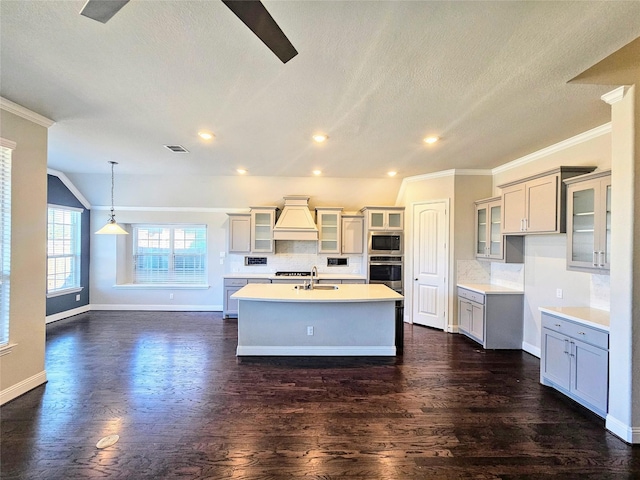 kitchen with custom exhaust hood, hanging light fixtures, an island with sink, stainless steel appliances, and decorative backsplash