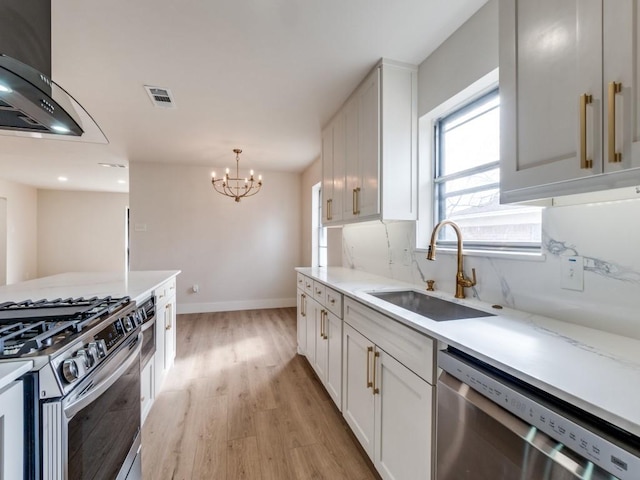 kitchen featuring stainless steel appliances, white cabinetry, sink, and ventilation hood