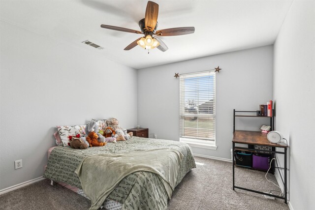 bedroom featuring ceiling fan and carpet flooring