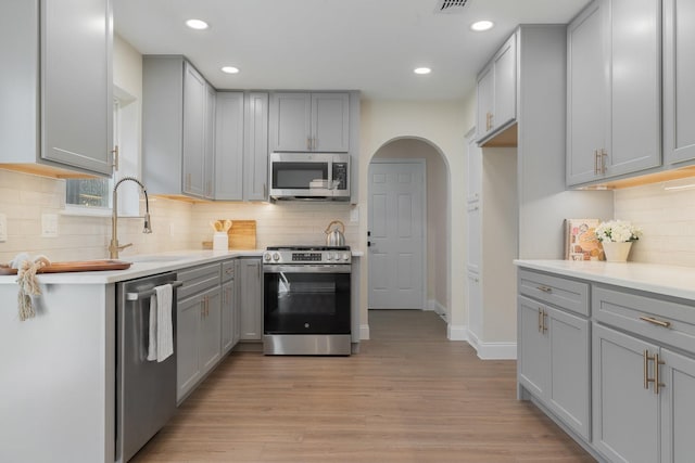 kitchen featuring gray cabinets, appliances with stainless steel finishes, tasteful backsplash, sink, and light hardwood / wood-style flooring