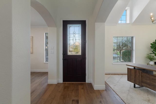 entryway with crown molding and wood-type flooring