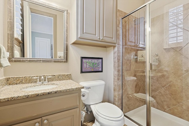 bathroom with vanity, a shower with door, and toilet