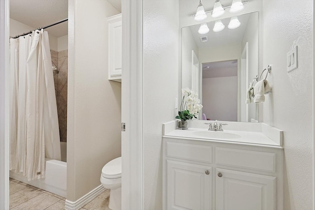 full bathroom featuring shower / tub combo, vanity, tile patterned floors, and toilet