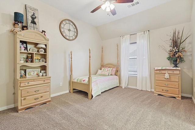 carpeted bedroom with lofted ceiling and ceiling fan