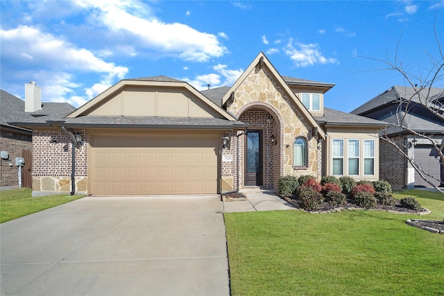 view of front of property featuring a garage and a front lawn