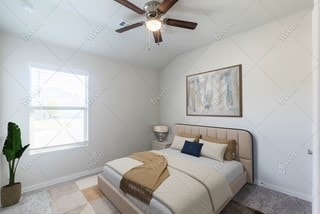 bedroom with ceiling fan and baseboards