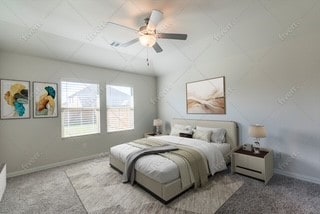 carpeted bedroom with ceiling fan and baseboards