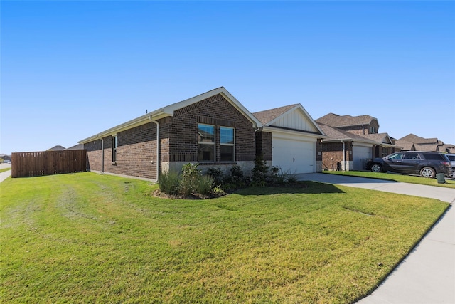 single story home with a front lawn, concrete driveway, brick siding, and an attached garage